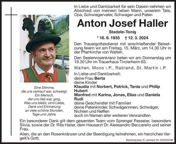 Traueranzeige von Anton Josef Haller von Dolomiten