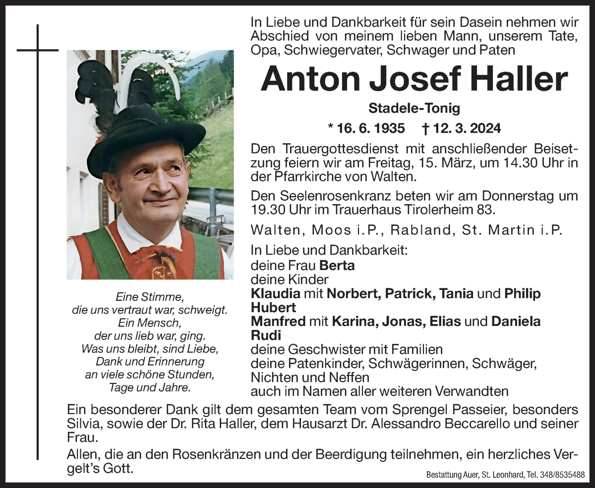  Traueranzeige für Anton Josef Haller vom 14.03.2024 aus Dolomiten