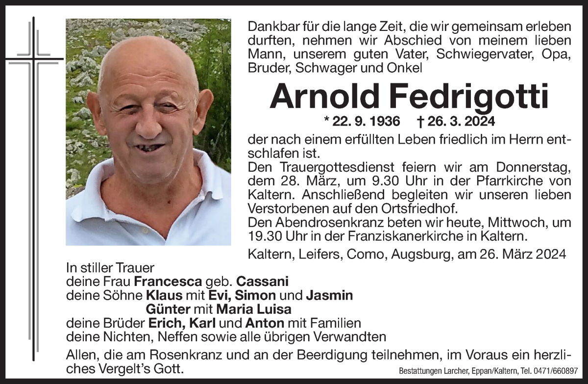  Traueranzeige für Arnold Fedrigotti vom 27.03.2024 aus Dolomiten