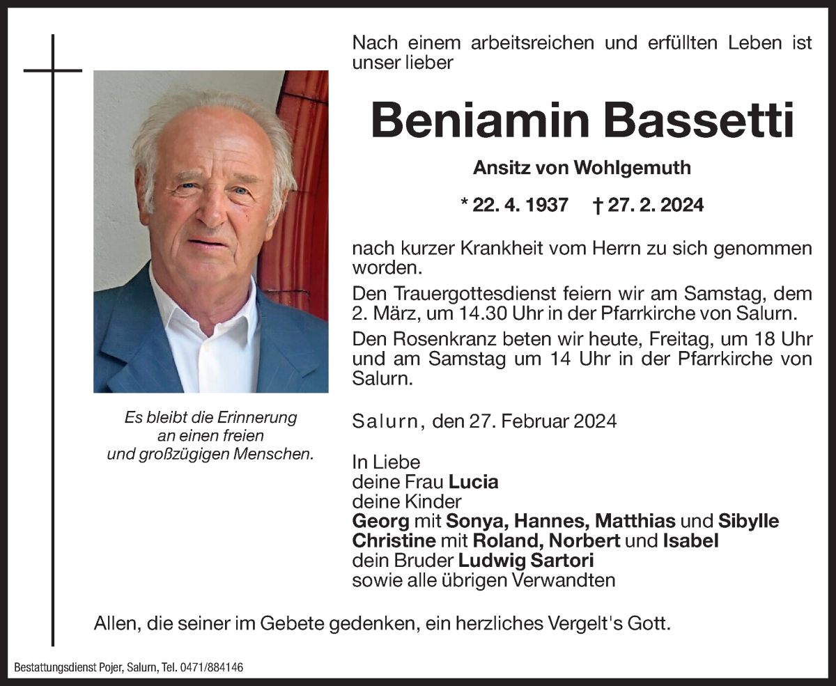  Traueranzeige für Beniamin Bassetti vom 01.03.2024 aus Dolomiten