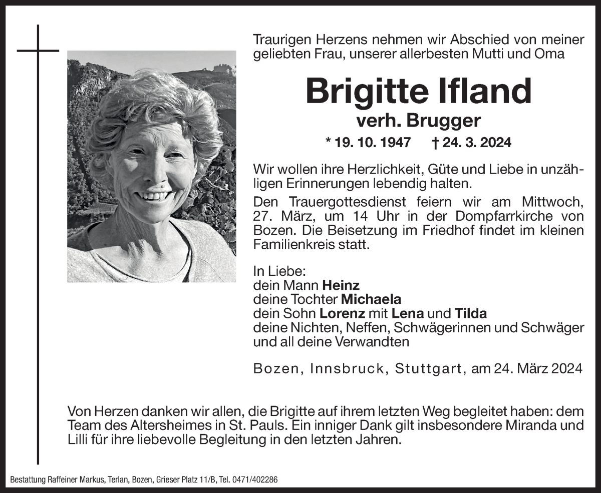  Traueranzeige für Brigitte Brugger vom 26.03.2024 aus Dolomiten