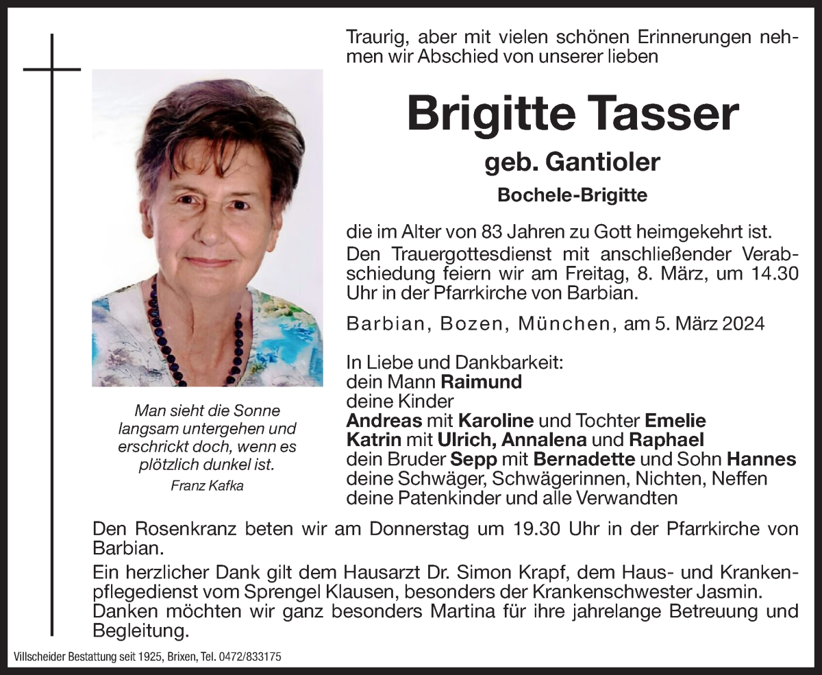  Traueranzeige für Brigitte Tasser vom 07.03.2024 aus Dolomiten