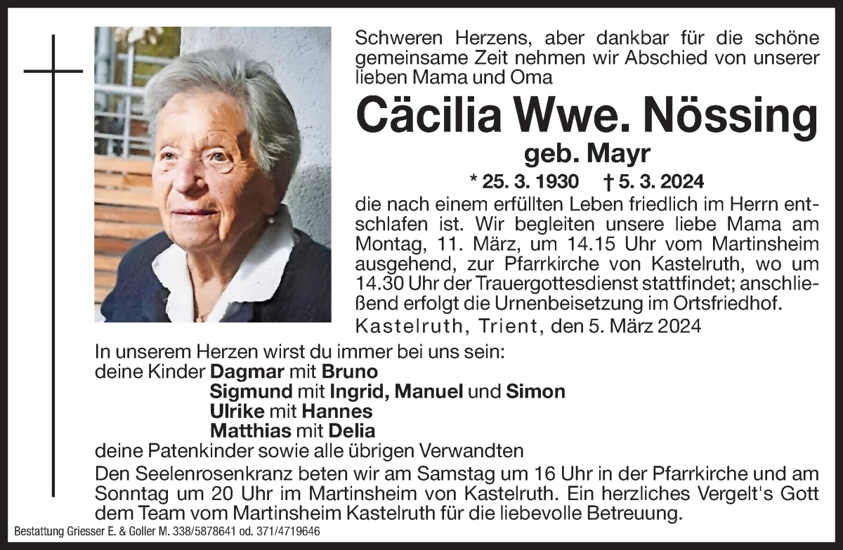  Traueranzeige für Cäcilia Nössing vom 09.03.2024 aus Dolomiten