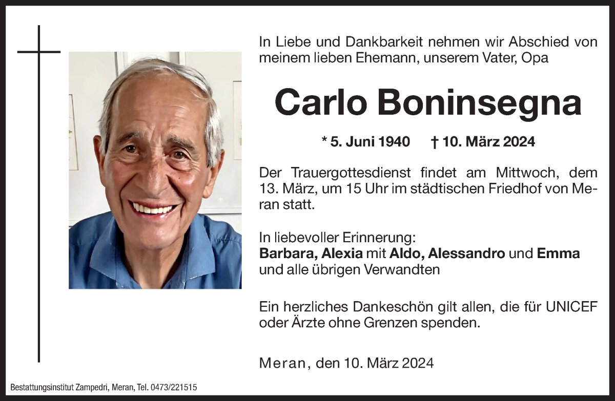  Traueranzeige für Carlo Boninsegna vom 12.03.2024 aus Dolomiten