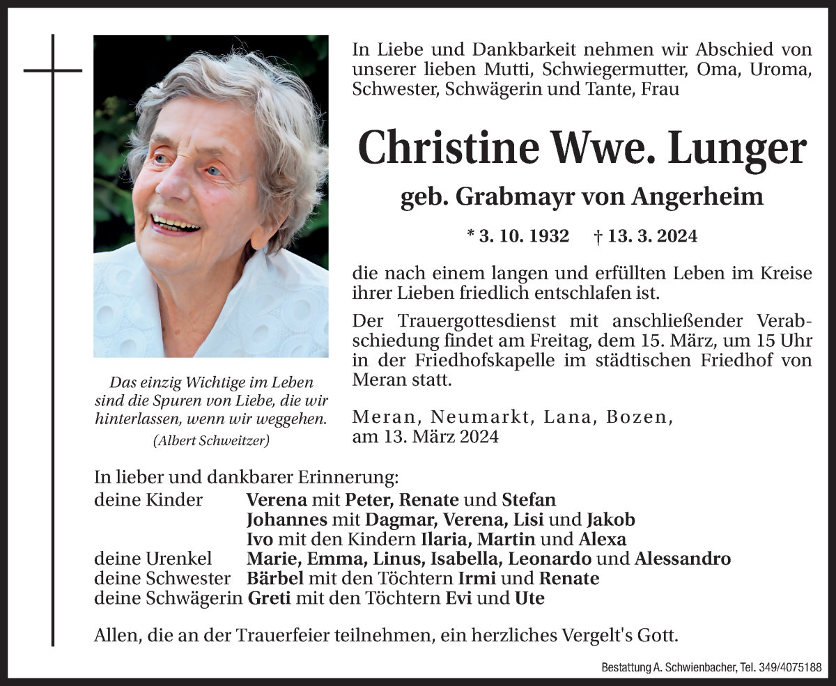  Traueranzeige für Christine Lunger vom 14.03.2024 aus Dolomiten