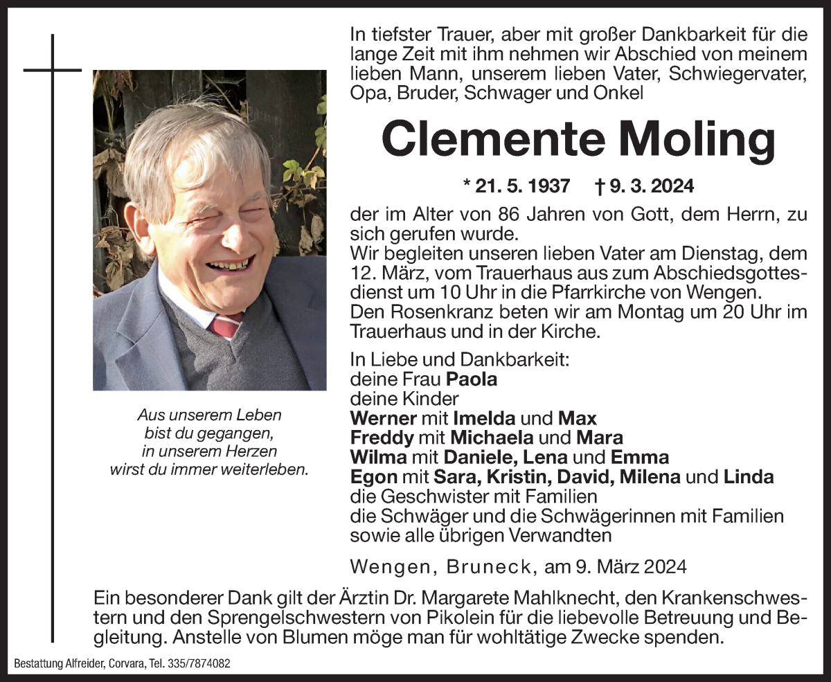  Traueranzeige für Clemente Moling vom 11.03.2024 aus Dolomiten
