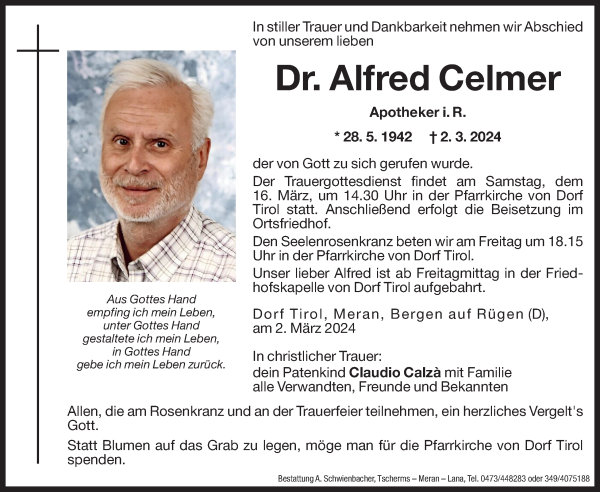 Traueranzeige von Dr. Alfred Celmer von Dolomiten
