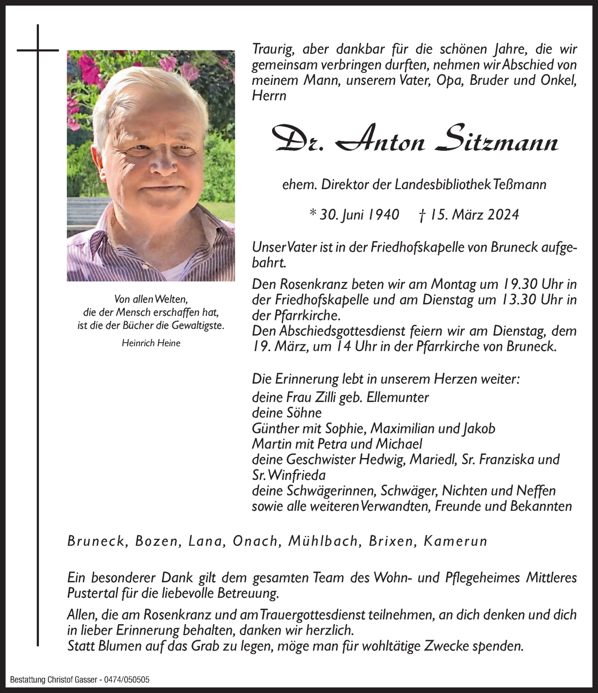  Traueranzeige für Dr. Anton Sitzmann vom 18.03.2024 aus Dolomiten