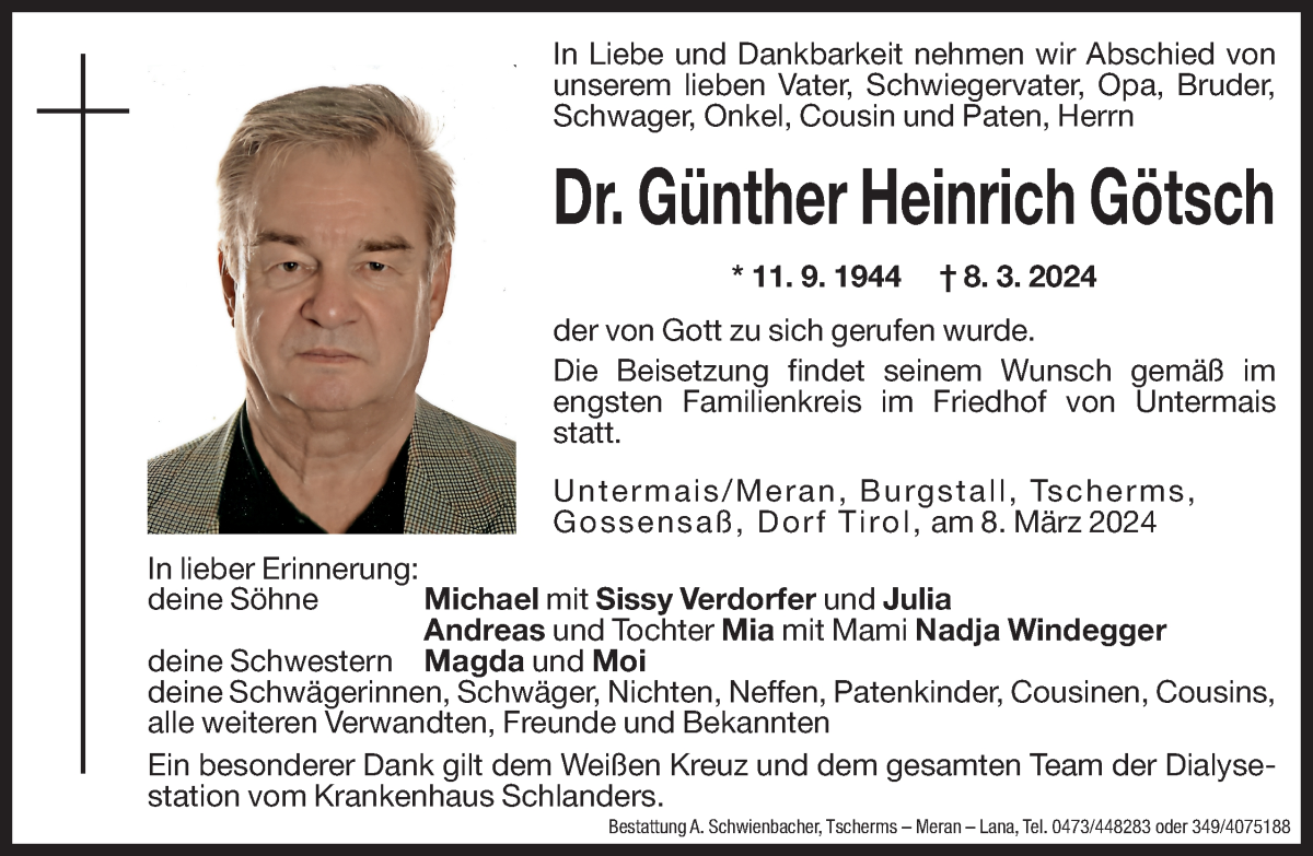  Traueranzeige für Dr. Günther Heinrich Götsch vom 12.03.2024 aus Dolomiten