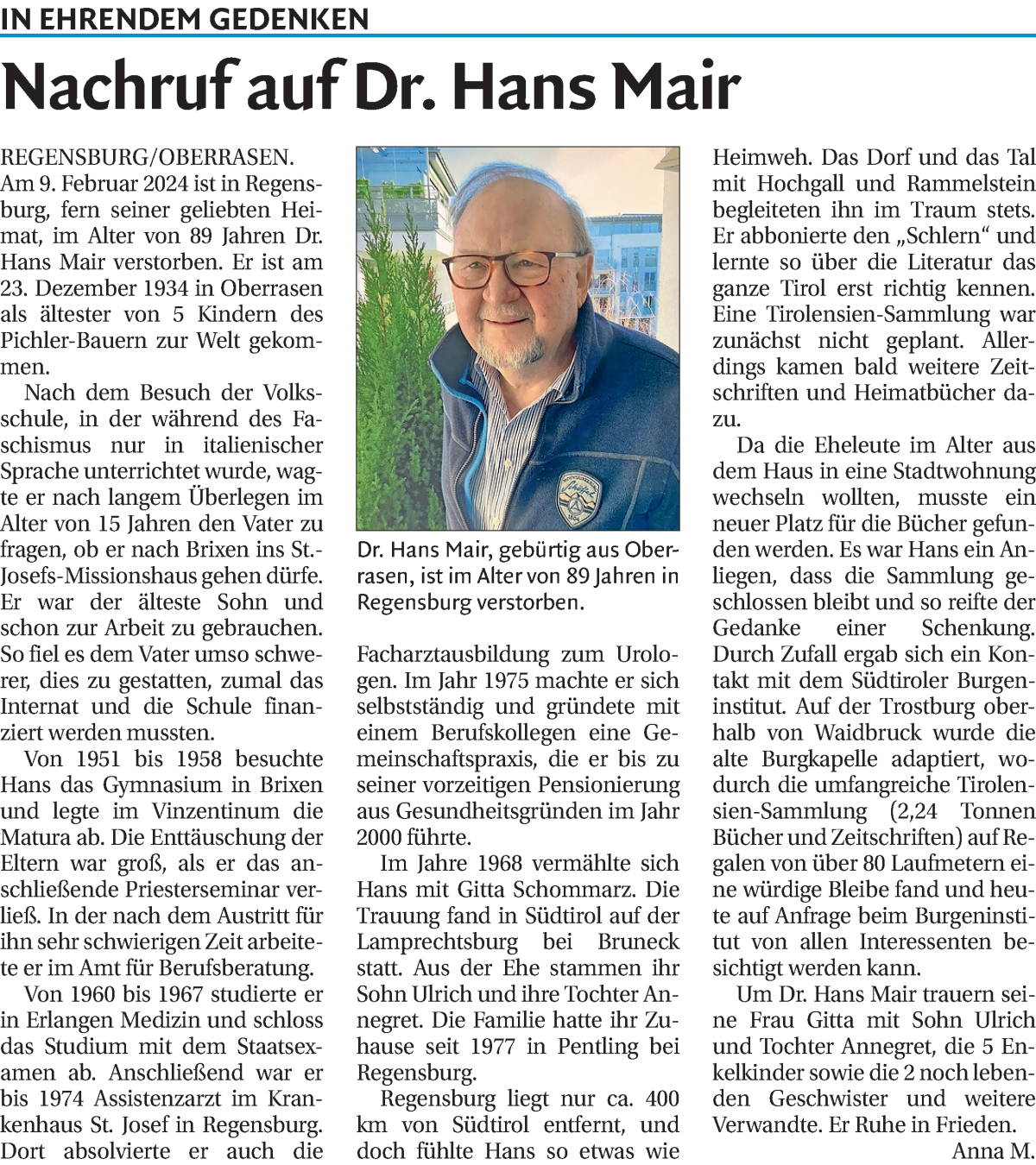  Traueranzeige für Hans Mair vom 15.03.2024 aus Dolomiten