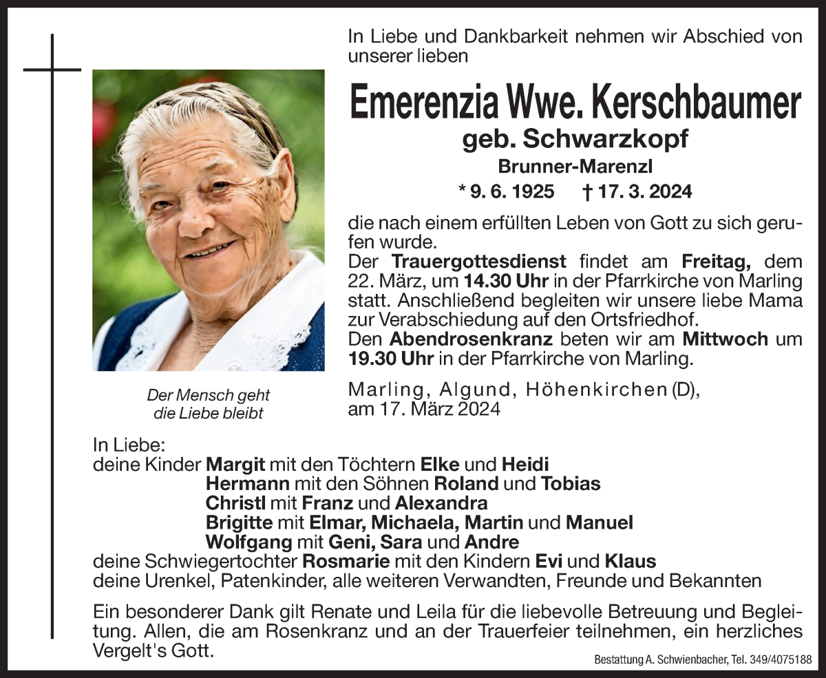  Traueranzeige für Emerenzia Kerschbaumer vom 19.03.2024 aus Dolomiten