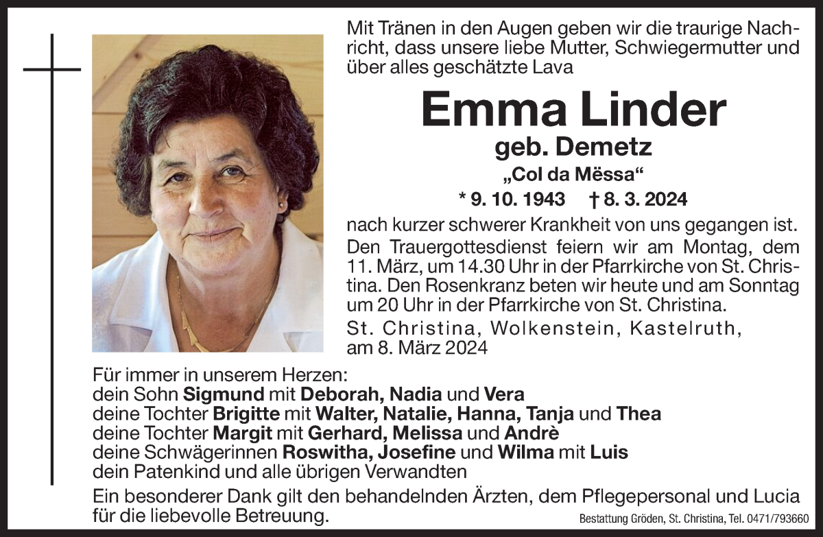  Traueranzeige für Emma Linder vom 09.03.2024 aus Dolomiten