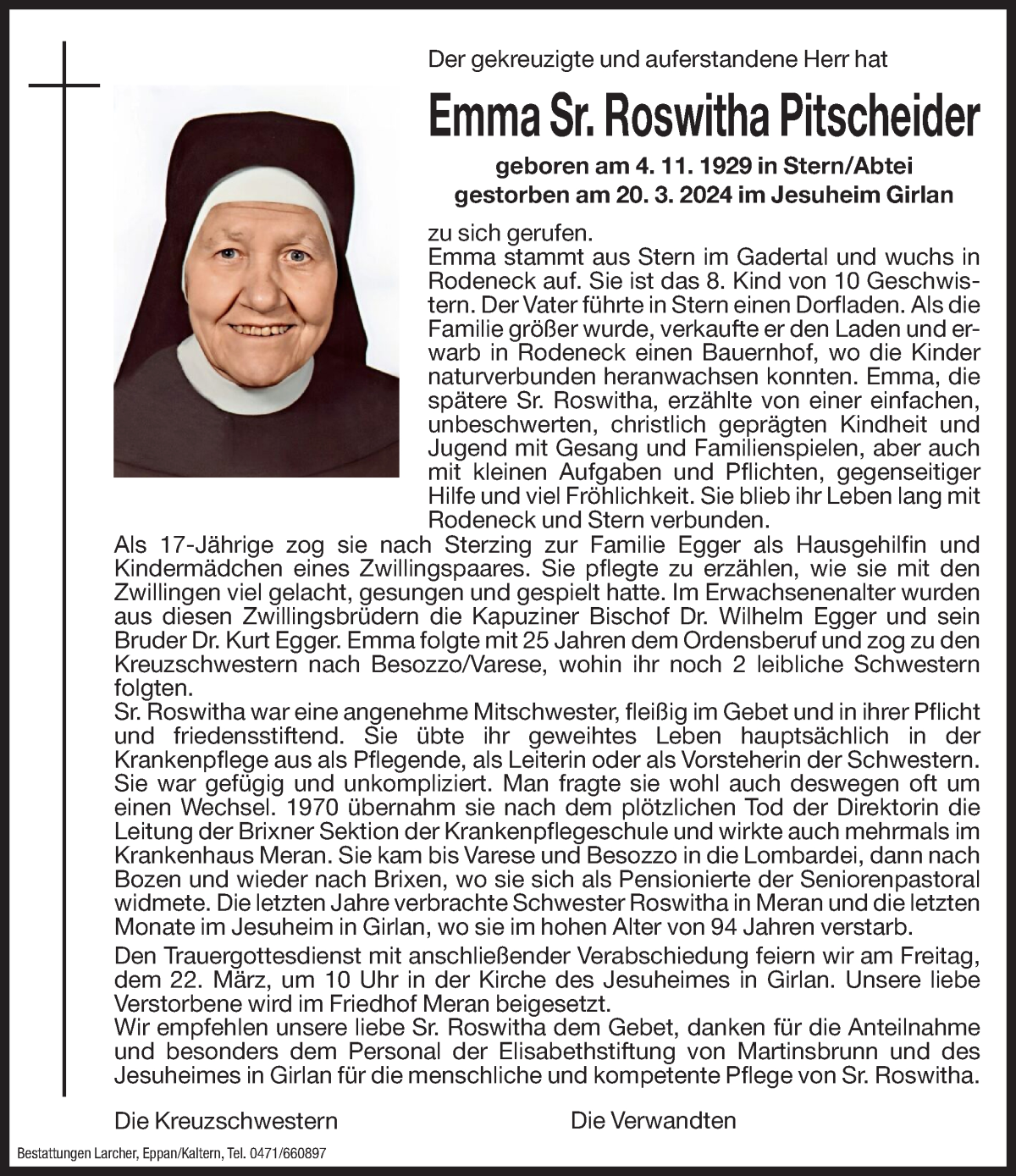  Traueranzeige für Emma Pitscheider vom 22.03.2024 aus Dolomiten
