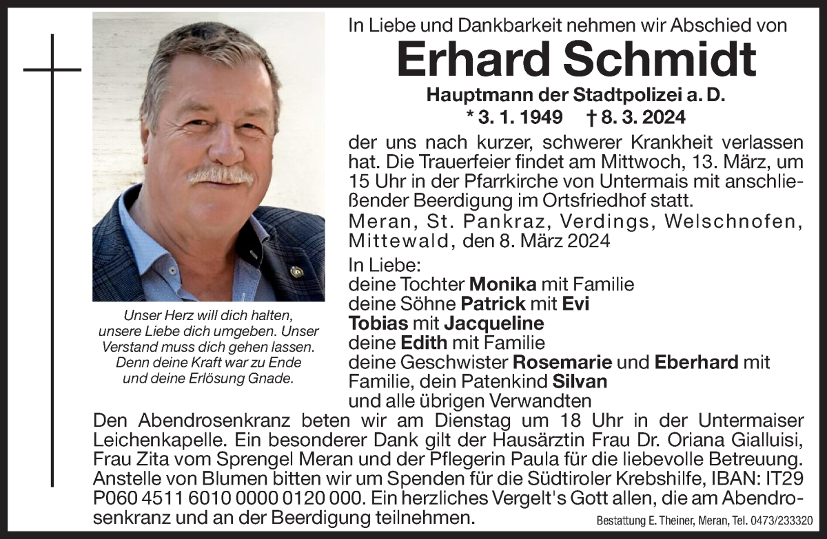  Traueranzeige für Erhard Schmidt vom 11.03.2024 aus Dolomiten
