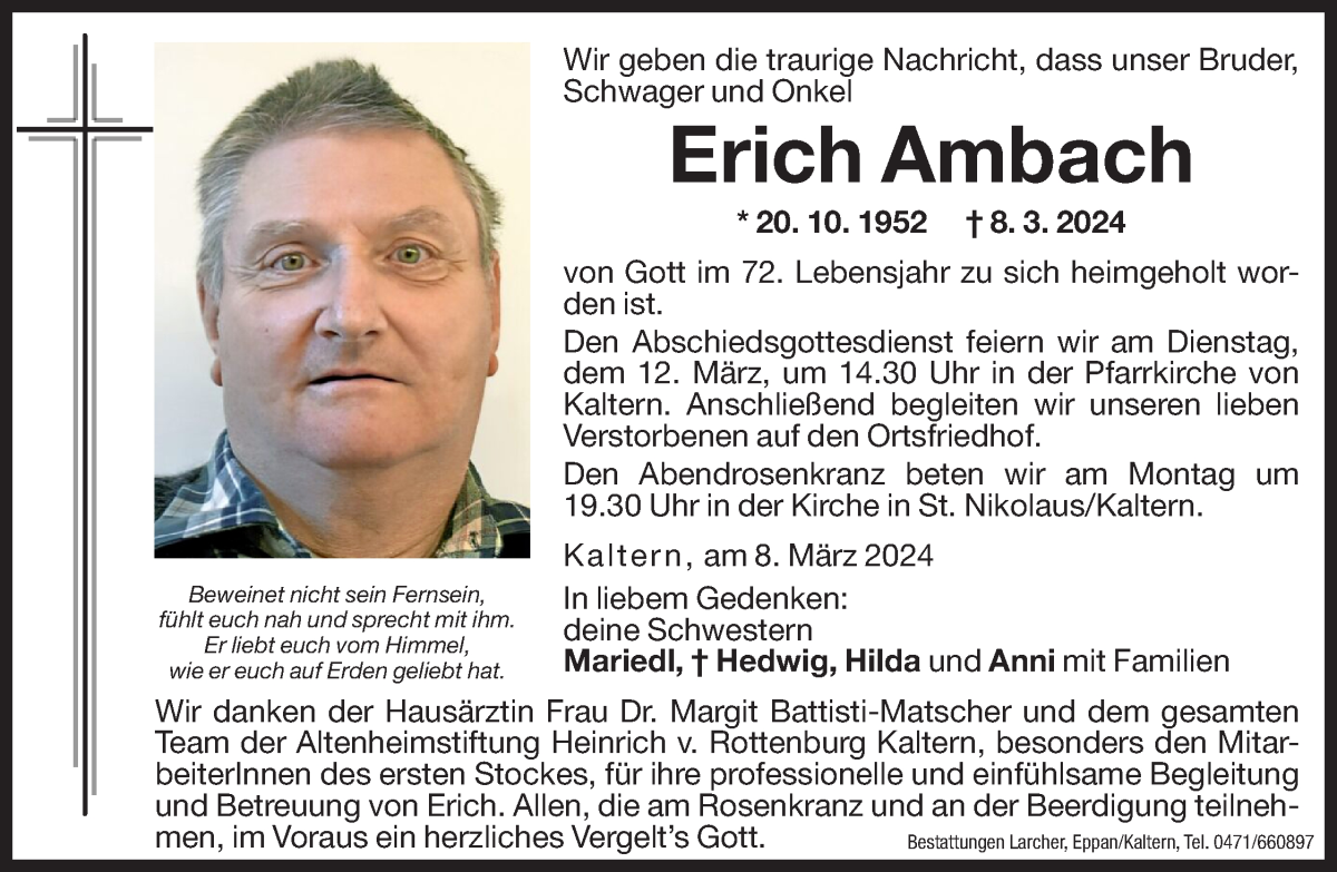  Traueranzeige für Erich Ambach vom 09.03.2024 aus Dolomiten
