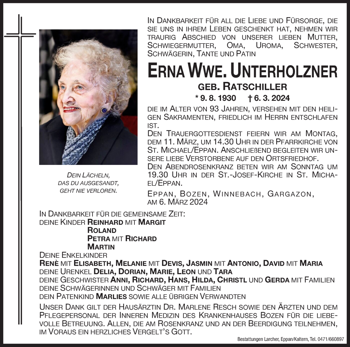  Traueranzeige für Erna Unterholzner vom 08.03.2024 aus Dolomiten
