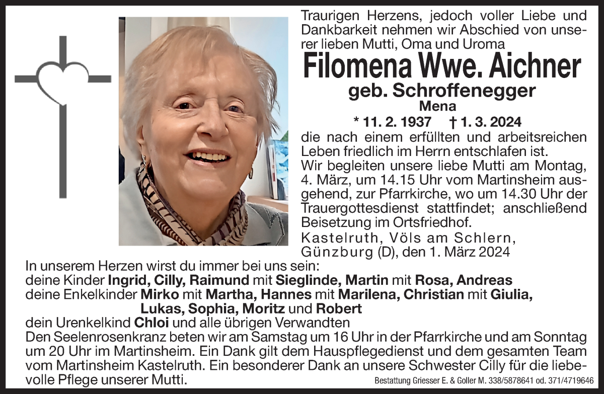  Traueranzeige für Filomena Aichner vom 02.03.2024 aus Dolomiten