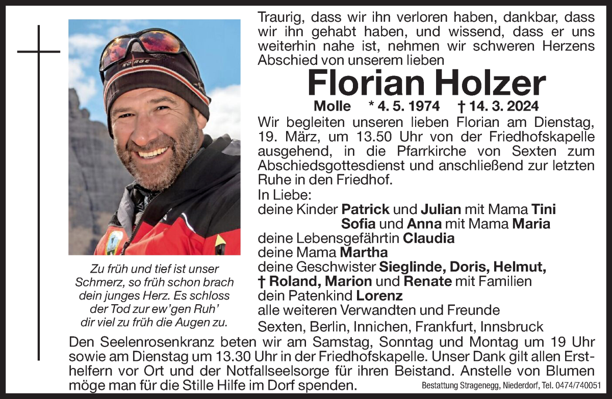  Traueranzeige für Florian Holzer vom 16.03.2024 aus Dolomiten