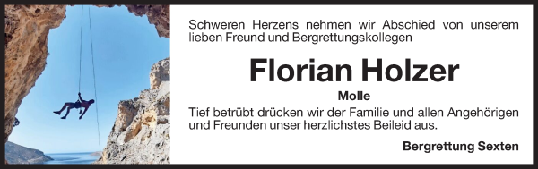 Traueranzeige von Florian Holzer von Dolomiten