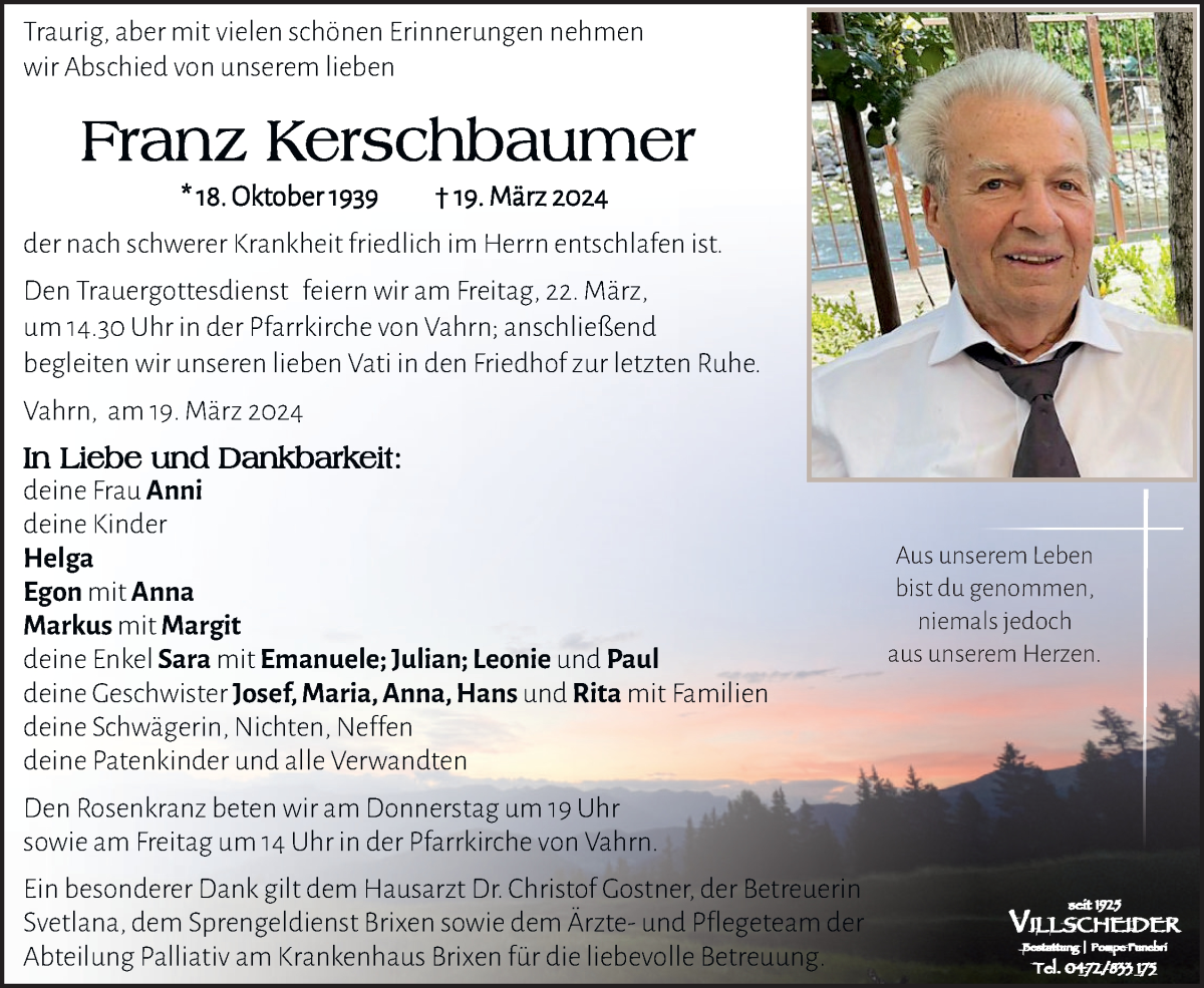  Traueranzeige für Franz Kerschbaumer vom 20.03.2024 aus Dolomiten