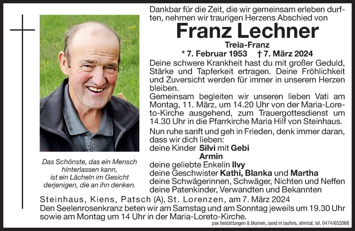  Traueranzeige für Franz Lechner vom 09.03.2024 aus Dolomiten