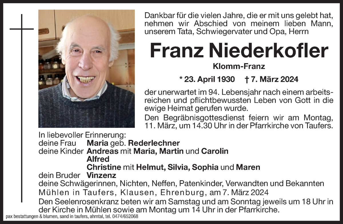  Traueranzeige für Franz Niederkofler vom 09.03.2024 aus Dolomiten