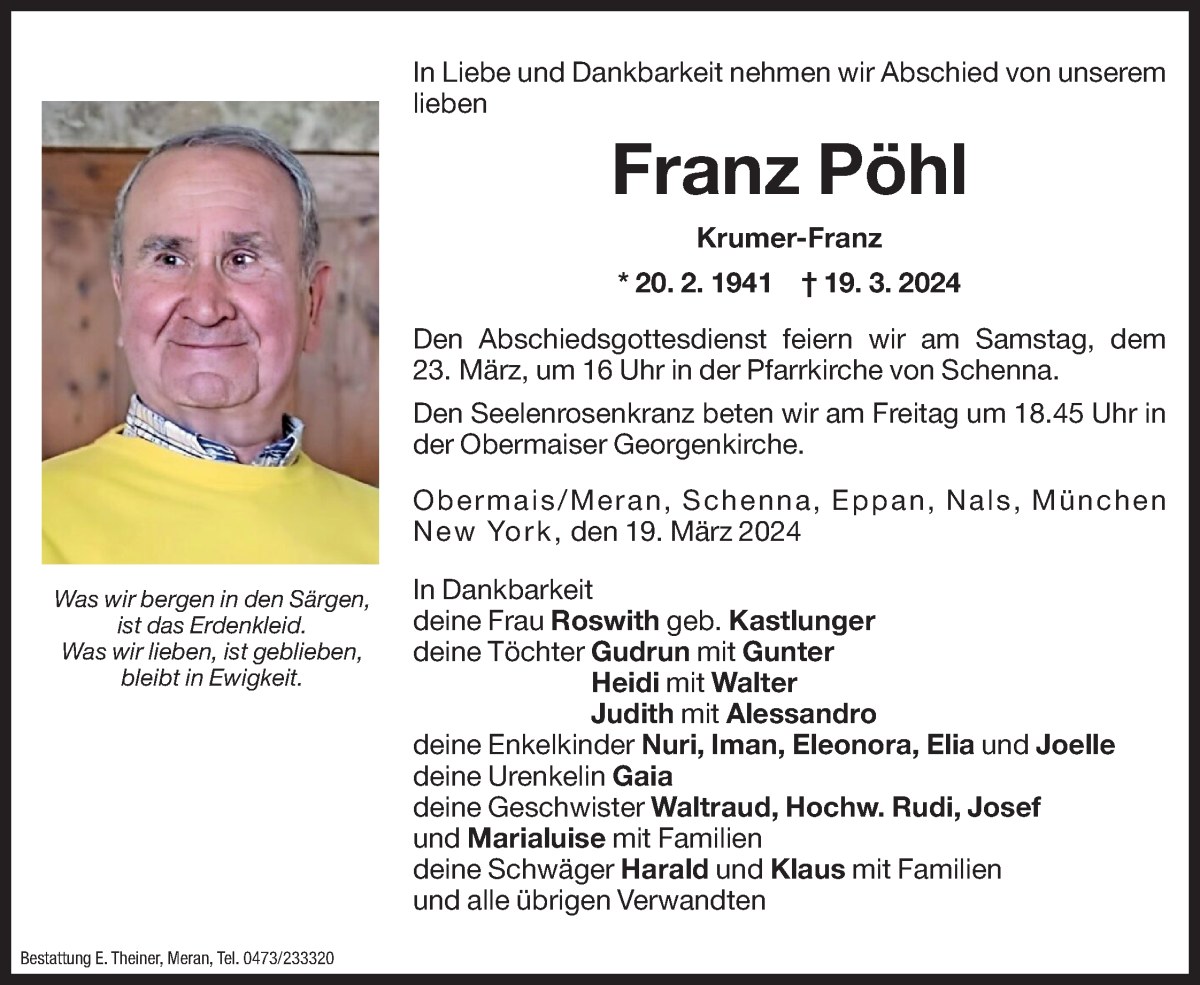  Traueranzeige für Franz Pöhl vom 21.03.2024 aus Dolomiten