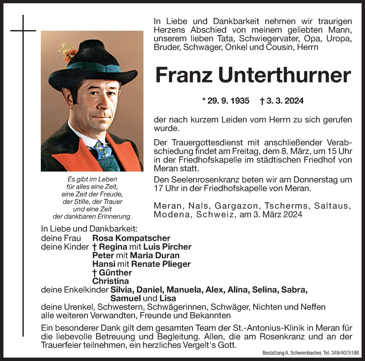  Traueranzeige für Franz Unterthurner vom 05.03.2024 aus Dolomiten