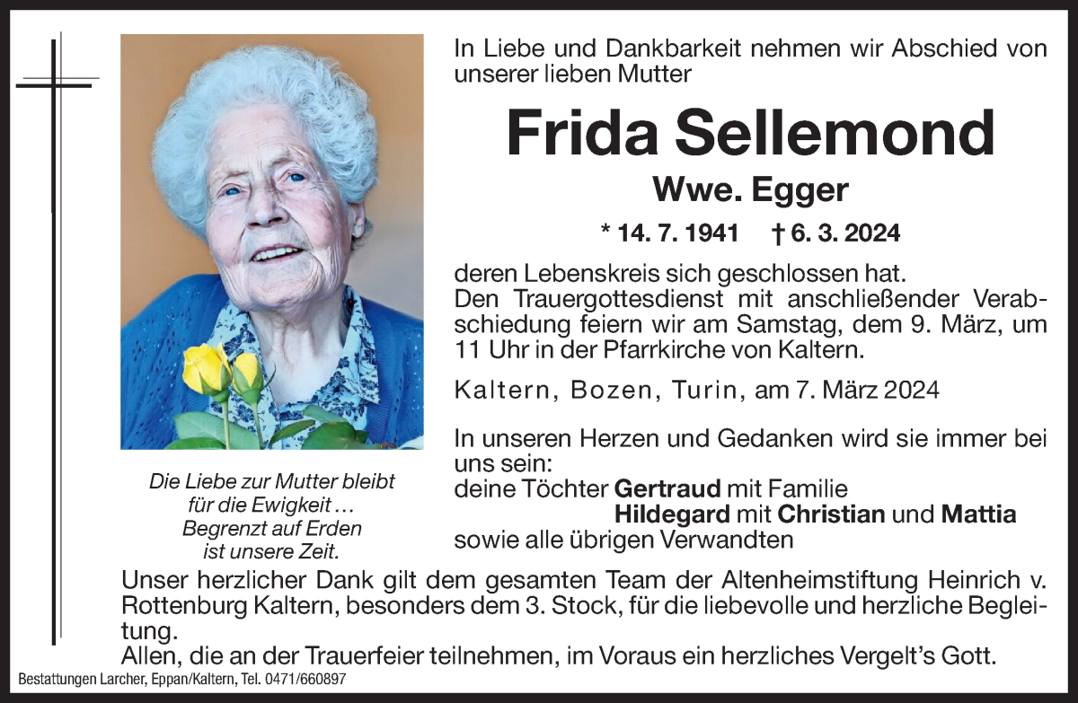  Traueranzeige für Frida Egger vom 08.03.2024 aus Dolomiten