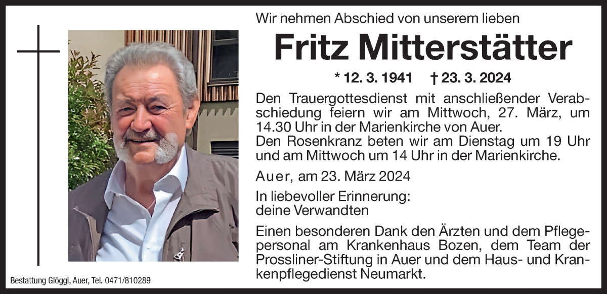  Traueranzeige für Fritz Mitterstätter vom 26.03.2024 aus Dolomiten