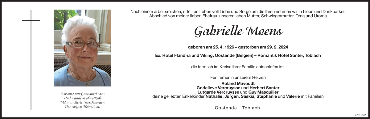  Traueranzeige für Gabrielle Moens vom 05.03.2024 aus Dolomiten