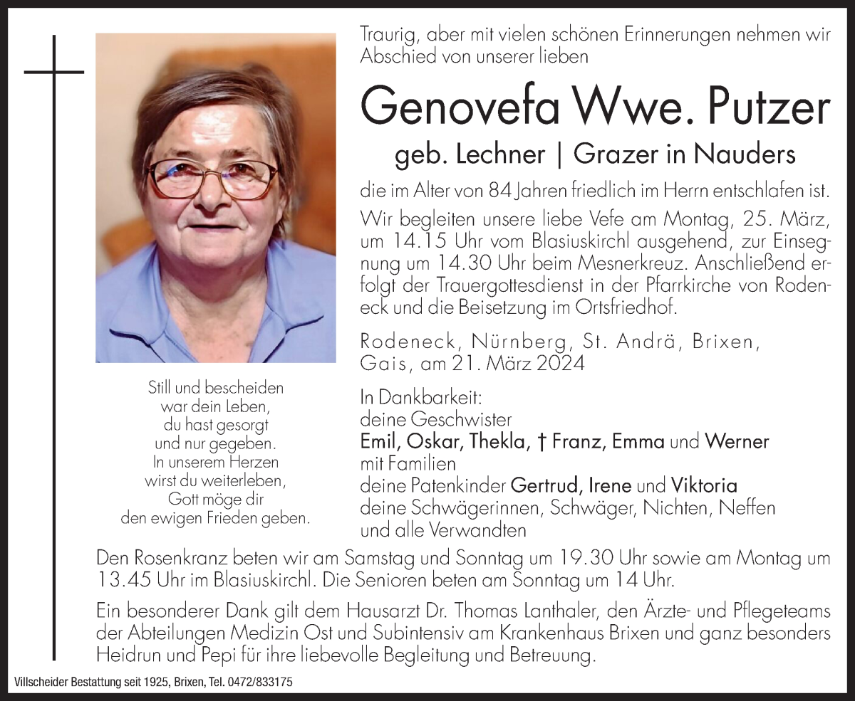  Traueranzeige für Genovefa Putzer vom 23.03.2024 aus Dolomiten