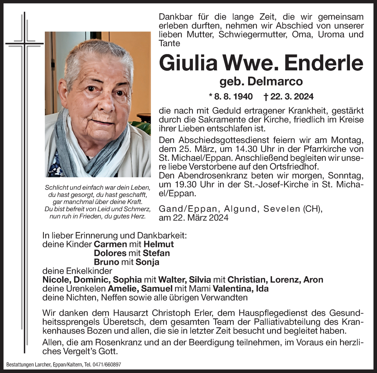  Traueranzeige für Giulia Enderle vom 23.03.2024 aus Dolomiten