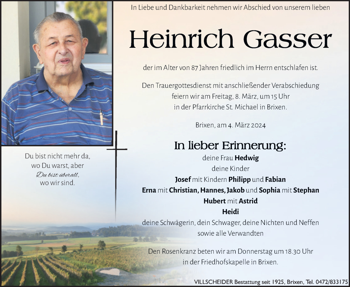  Traueranzeige für Heinrich Gasser vom 06.03.2024 aus Dolomiten