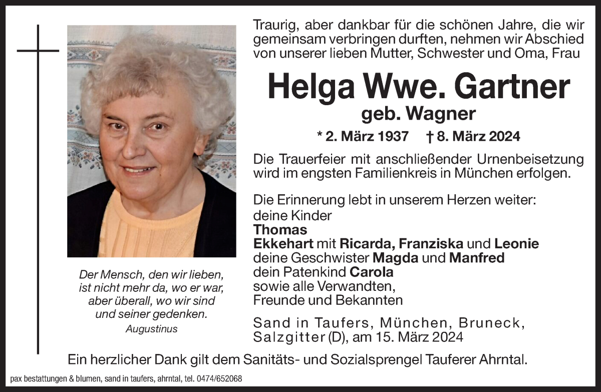  Traueranzeige für Helga Gartner vom 15.03.2024 aus Dolomiten