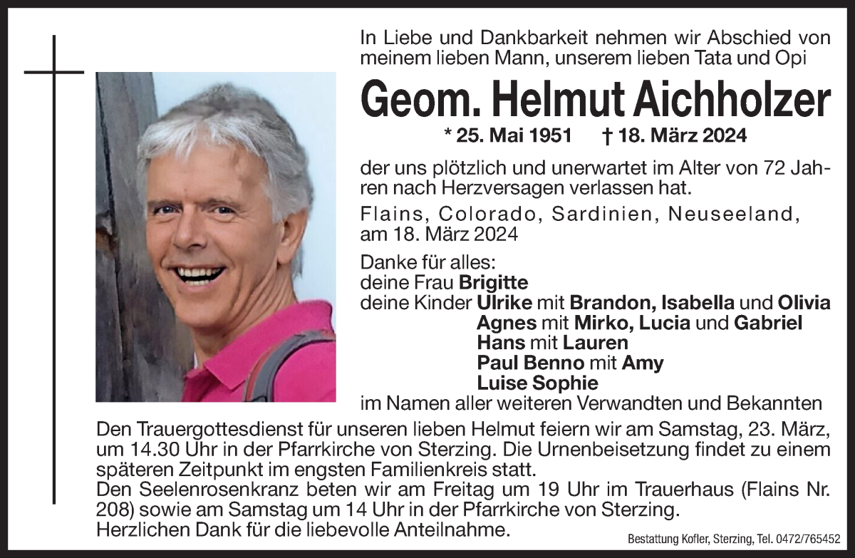 Traueranzeige für Helmut Aichholzer vom 21.03.2024 aus Dolomiten