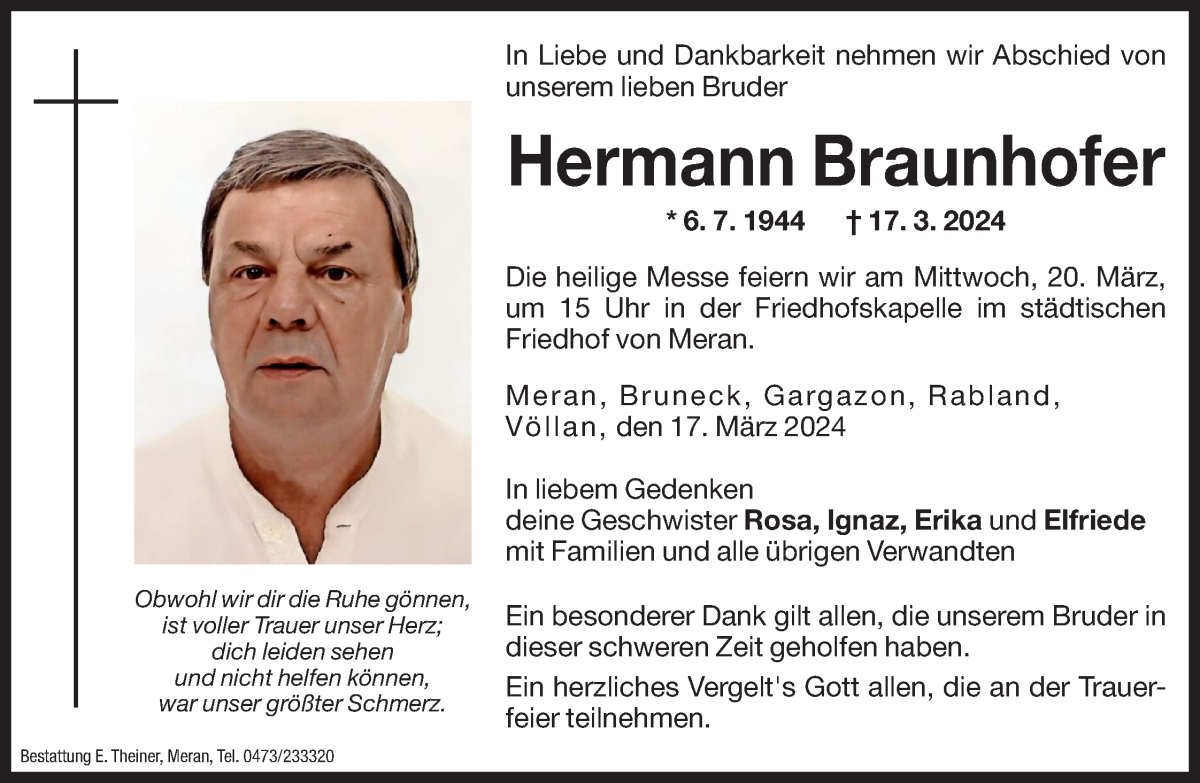  Traueranzeige für Hermann Braunhofer vom 19.03.2024 aus Dolomiten