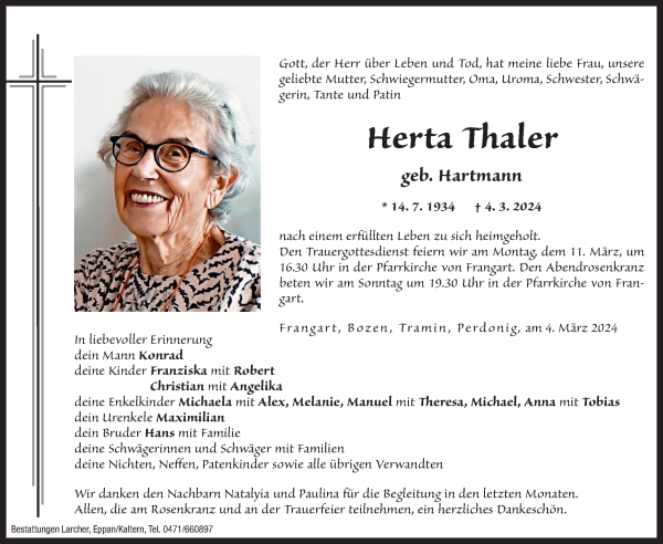 Traueranzeige von Herta Thaler von Dolomiten