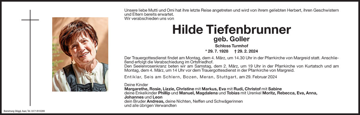  Traueranzeige für Hilde Tiefenbrunner vom 02.03.2024 aus Dolomiten