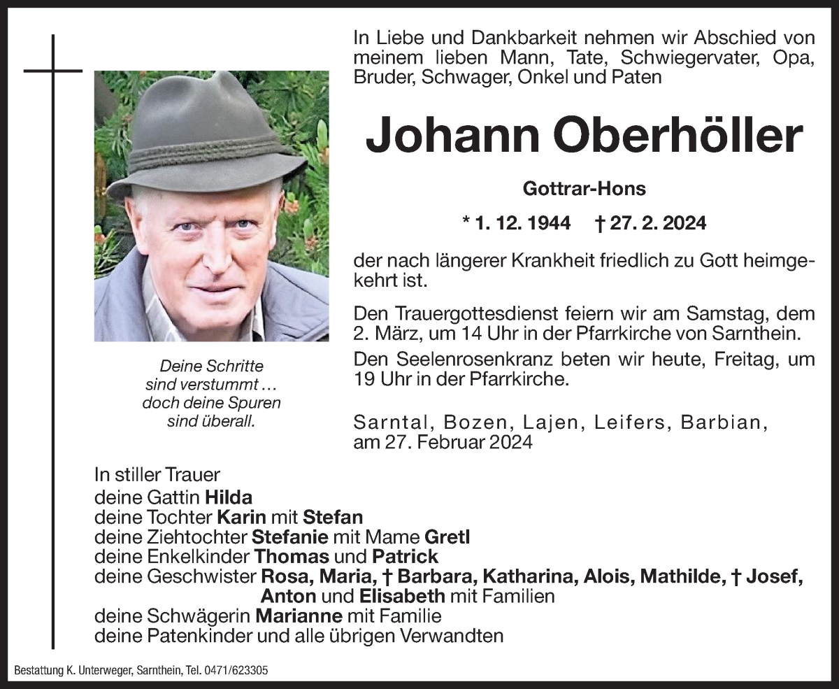  Traueranzeige für Johann Oberhöller vom 01.03.2024 aus Dolomiten