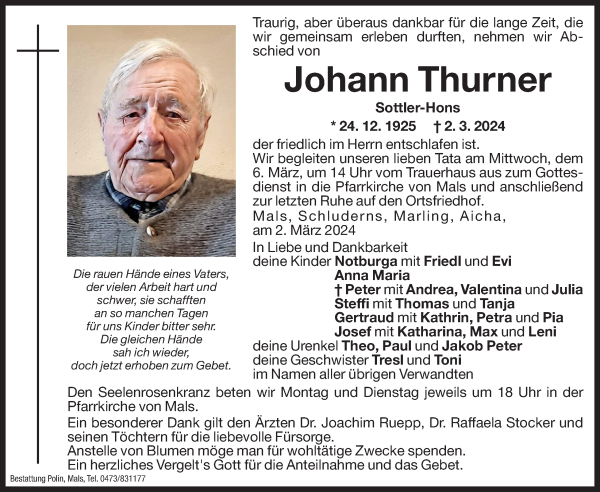 Traueranzeige von Johann Thurner von Dolomiten