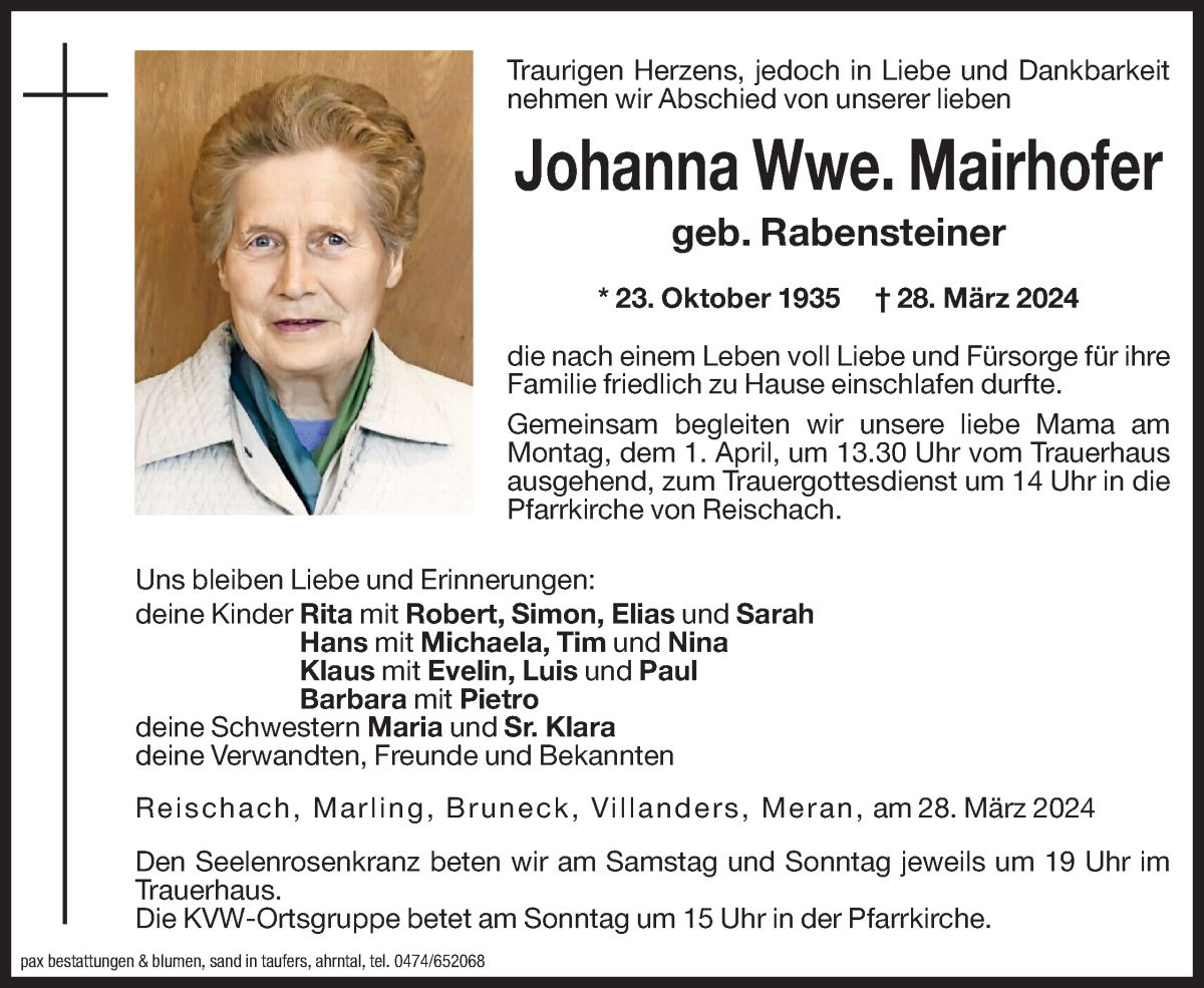  Traueranzeige für Johanna Mairhofer vom 30.03.2024 aus Dolomiten