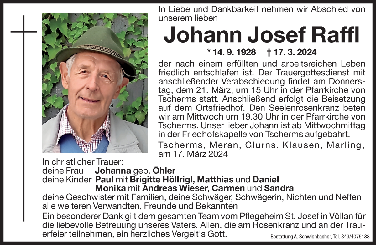  Traueranzeige für Johann Josef Raffl vom 19.03.2024 aus Dolomiten