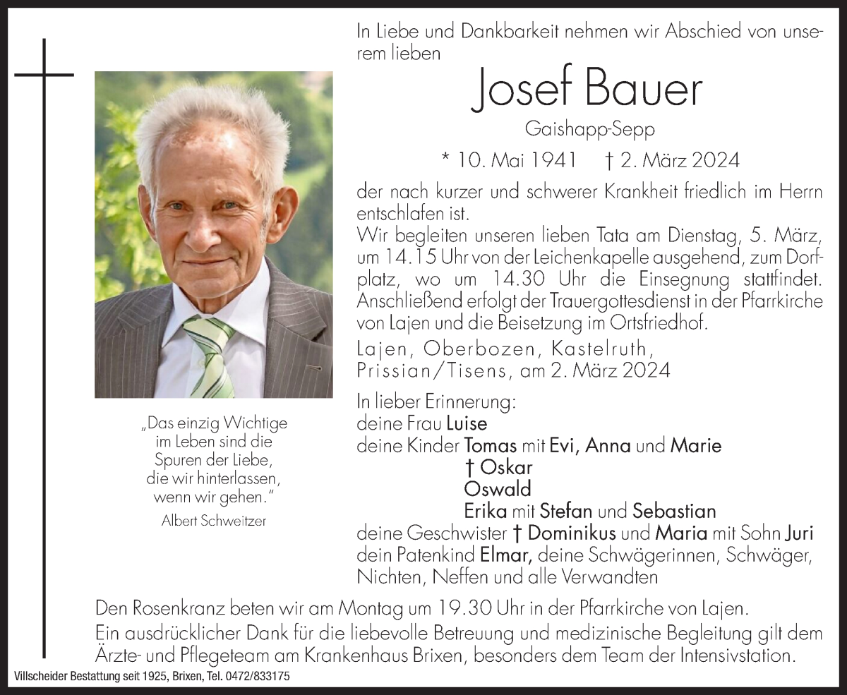  Traueranzeige für Josef Bauer vom 04.03.2024 aus Dolomiten