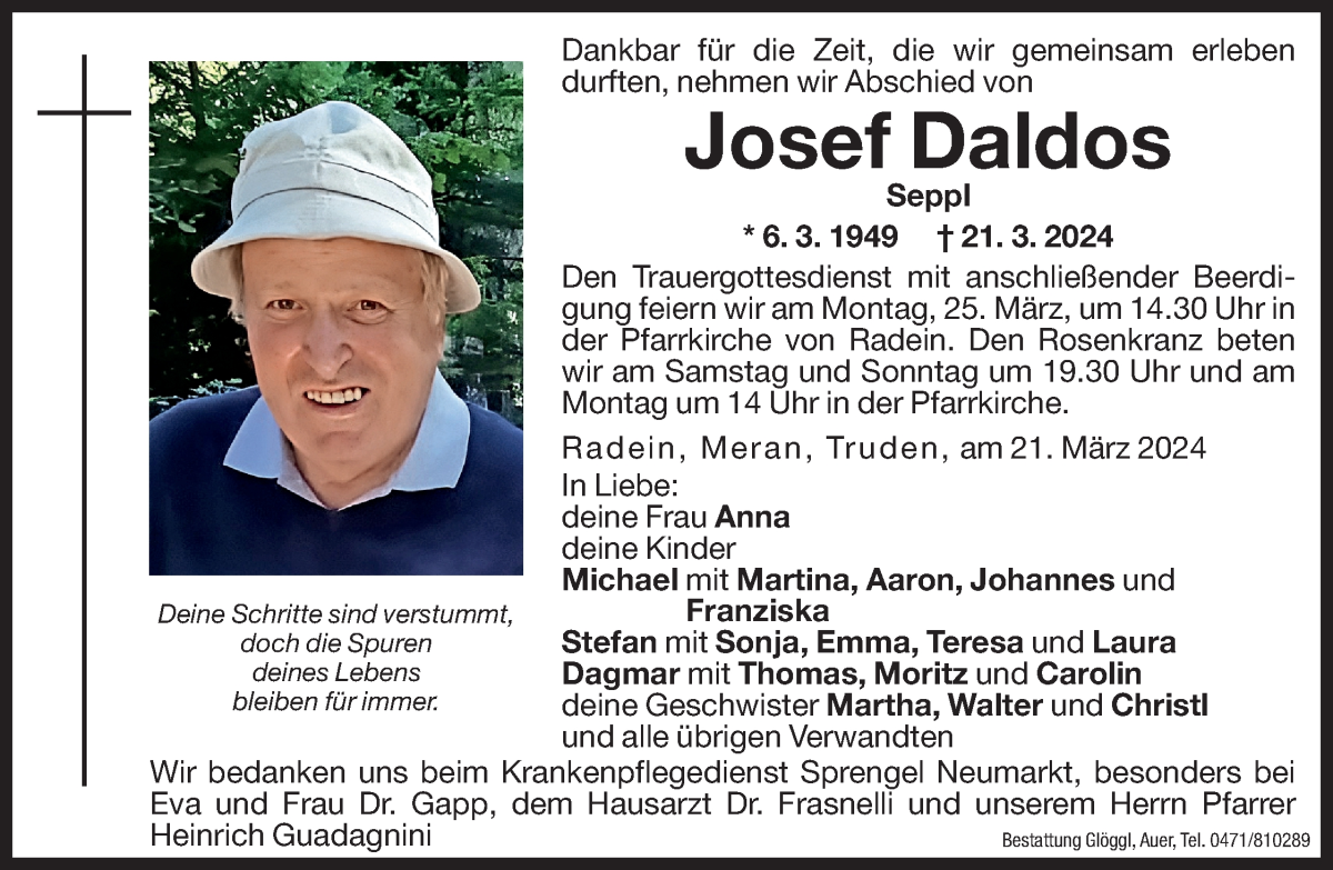  Traueranzeige für Josef Daldos vom 22.03.2024 aus Dolomiten