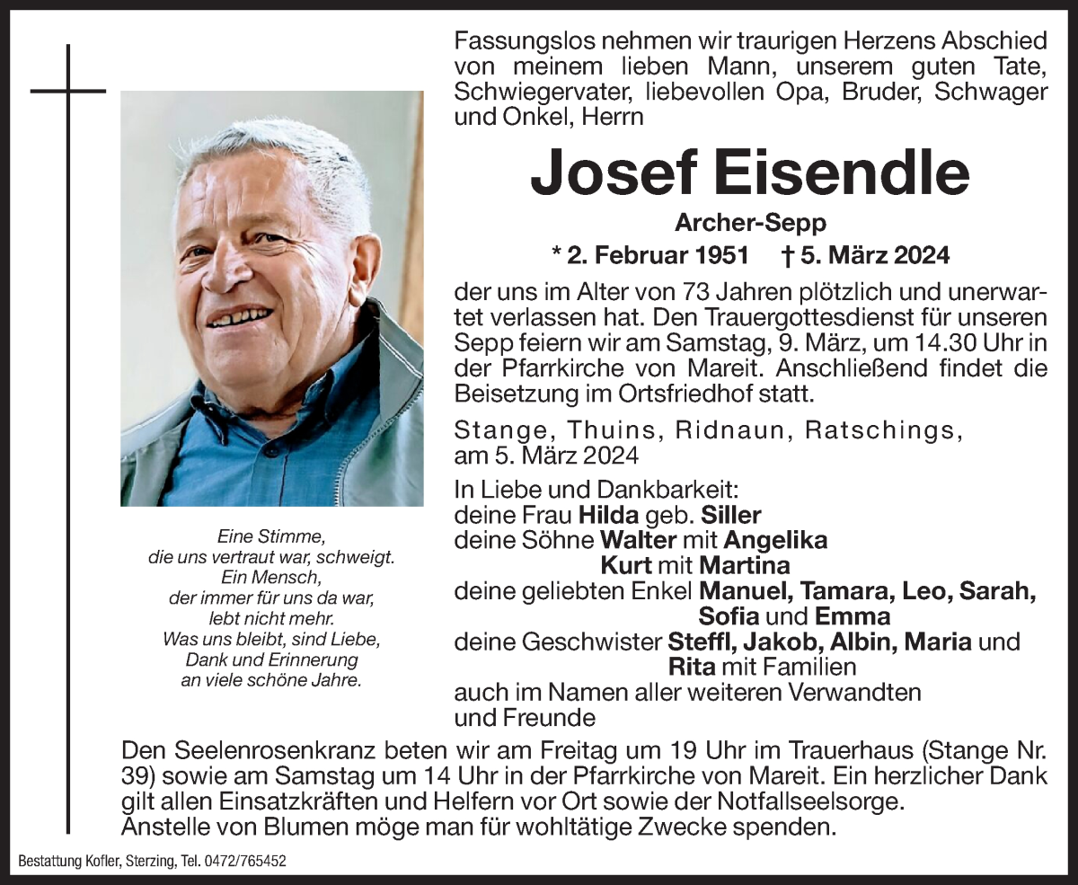  Traueranzeige für Josef Eisendle vom 08.03.2024 aus Dolomiten