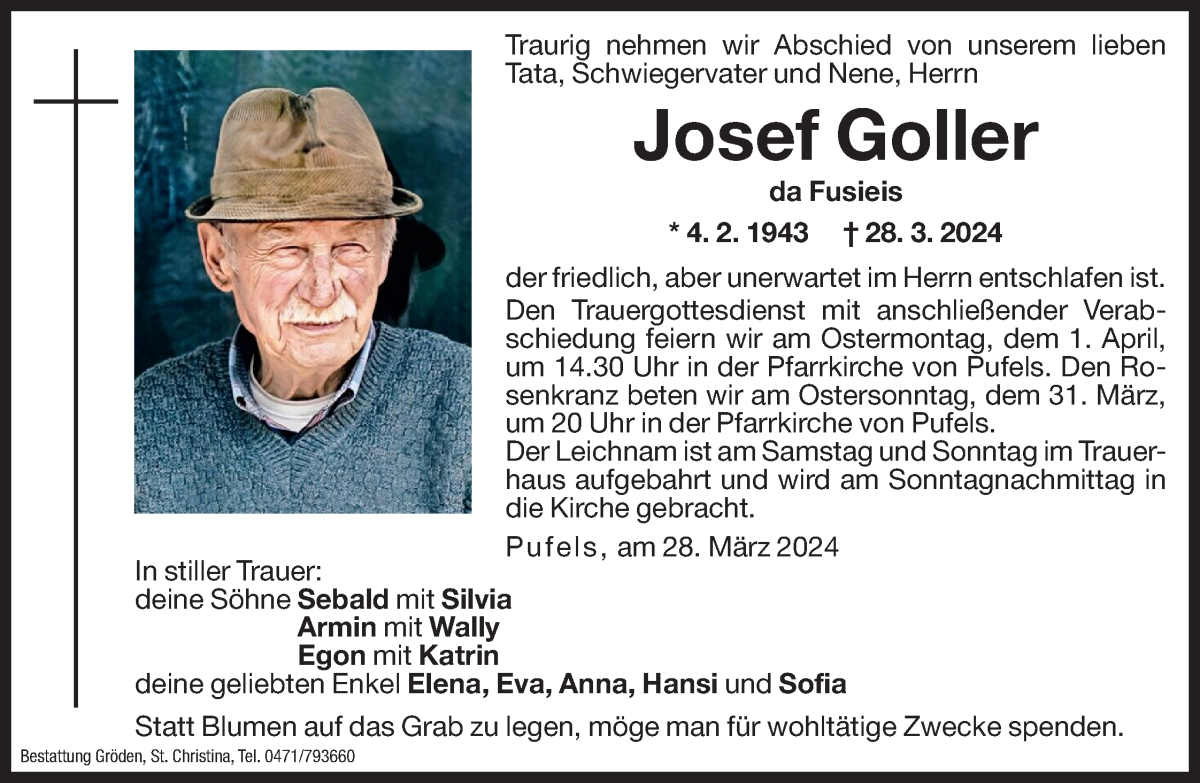  Traueranzeige für Josef Goller vom 30.03.2024 aus Dolomiten