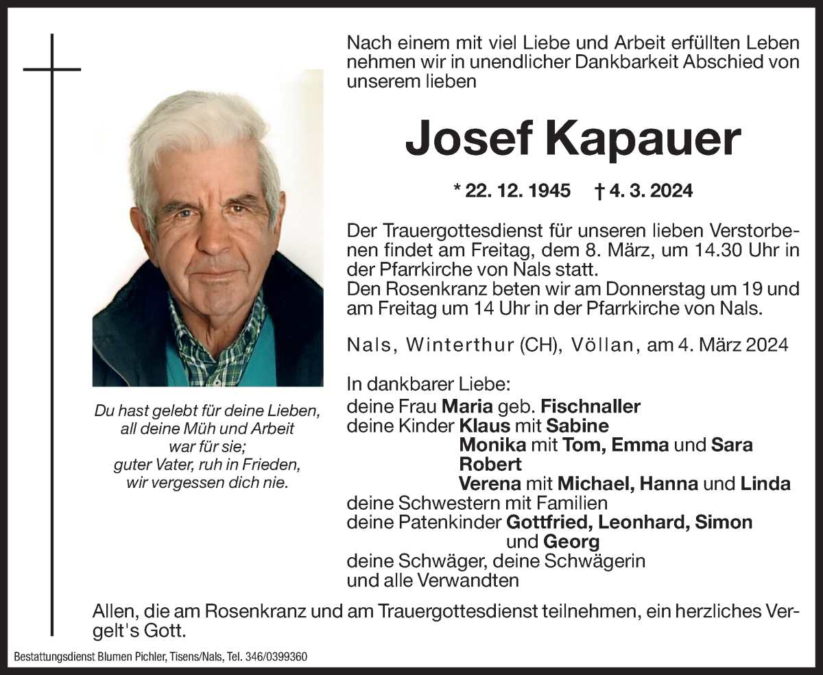  Traueranzeige für Josef Kapauer vom 06.03.2024 aus Dolomiten