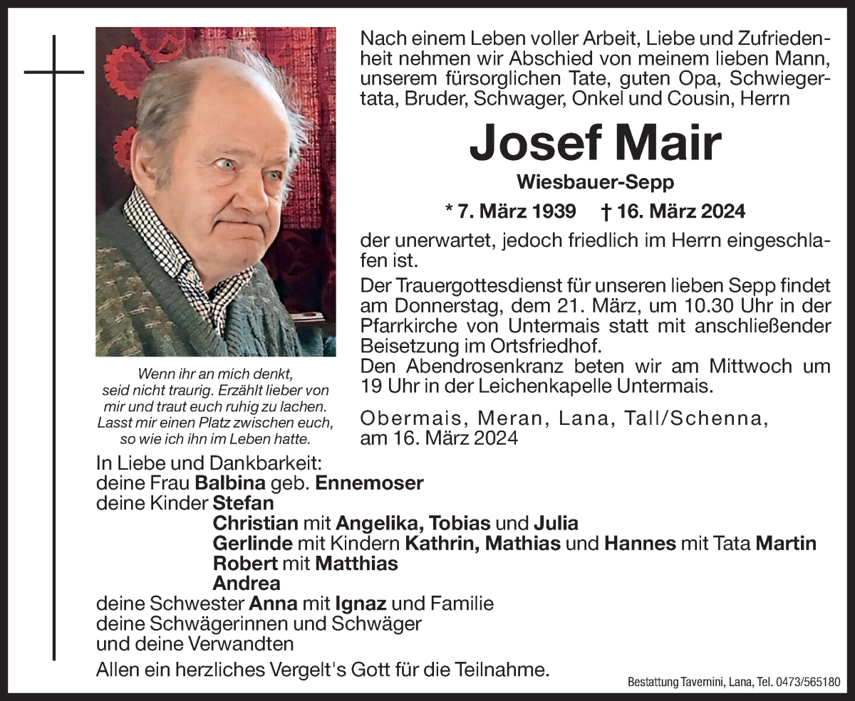  Traueranzeige für Josef Mair vom 19.03.2024 aus Dolomiten