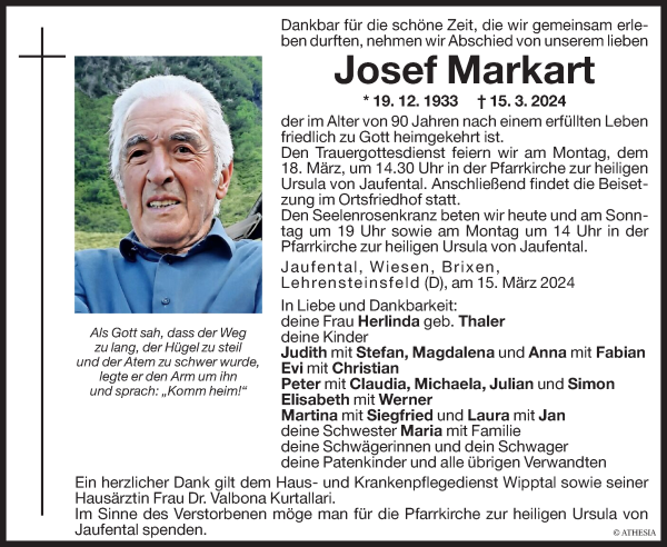 Traueranzeige von Josef Markart von Dolomiten